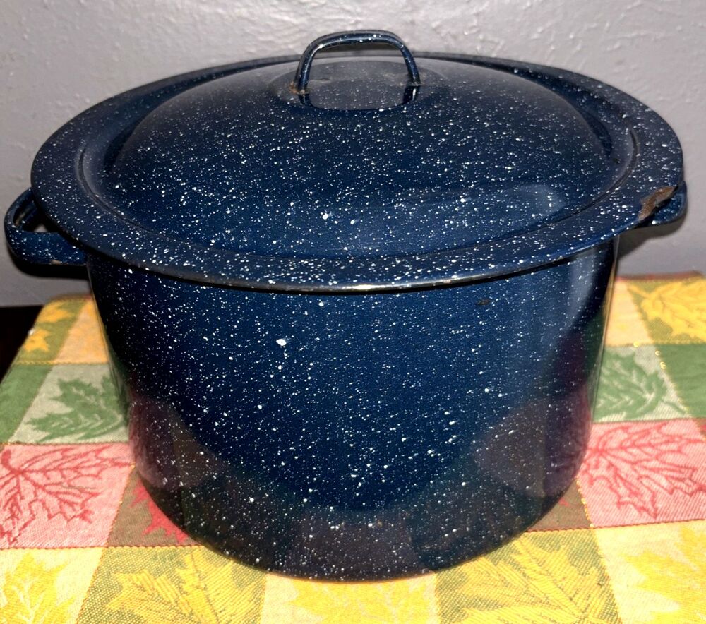 Vintage 15 QT Blue Speckled Enamelware Stock Pot and Lid Farmhouse